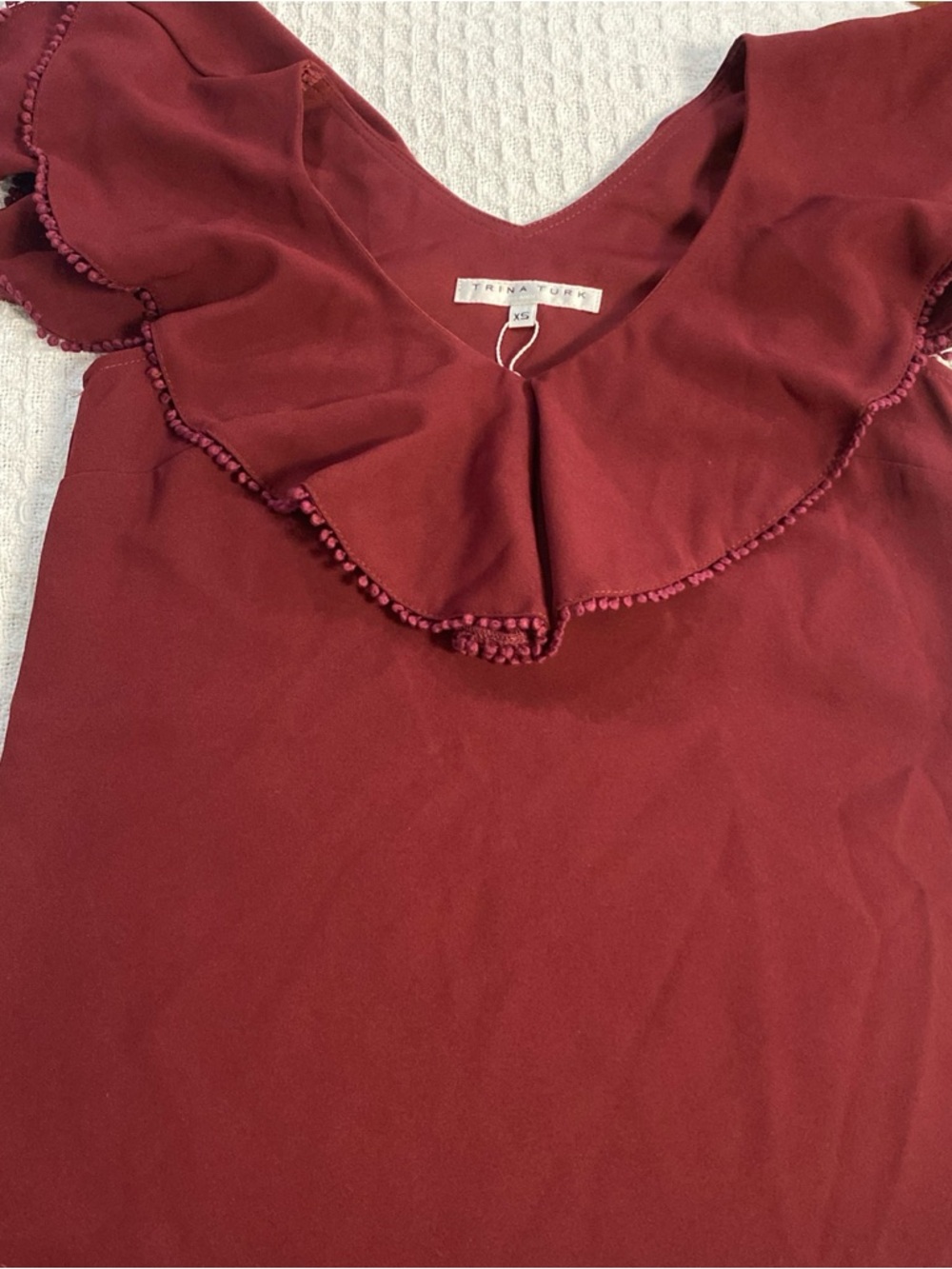 Trina Turk Deep Burgundy Ruffled V-Neck Sleeveless Blouse